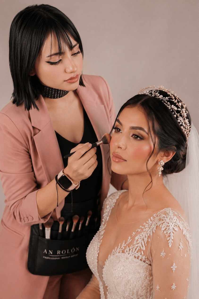 Antonia Rodríguez maquillando a una novia con técnica editorial y acabado porcelana en Bogotá — ANROLON